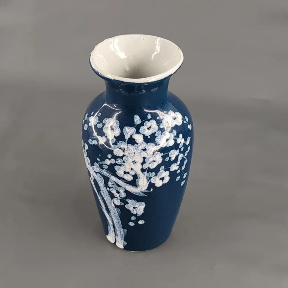 Blue Ceramic Floral Bud Vase White Cherry Blossom 8 Inch Pottery Decor